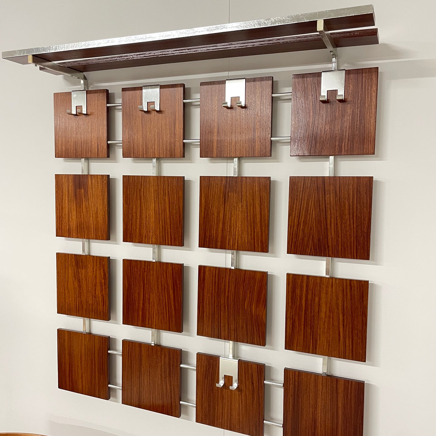 VINTAGE TEAK & CHROME WALL MOUNTED COAT RACK