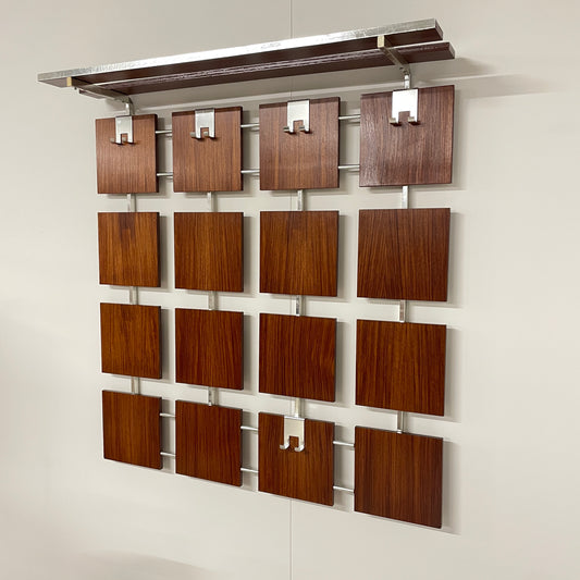 VINTAGE TEAK & CHROME WALL MOUNTED COAT RACK