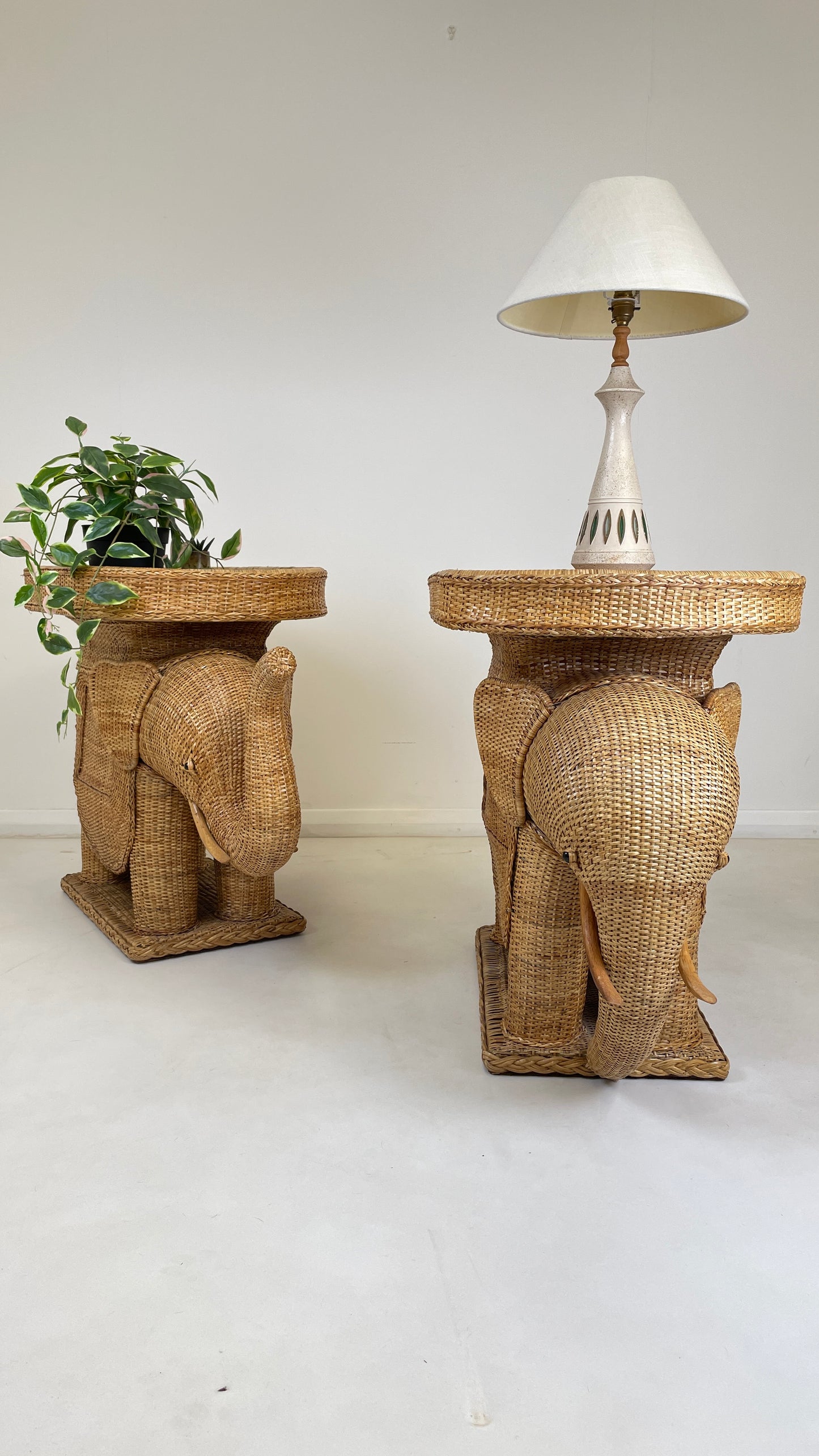 VINTAGE ELEPHANT WICKER SIDE TABLES X 2