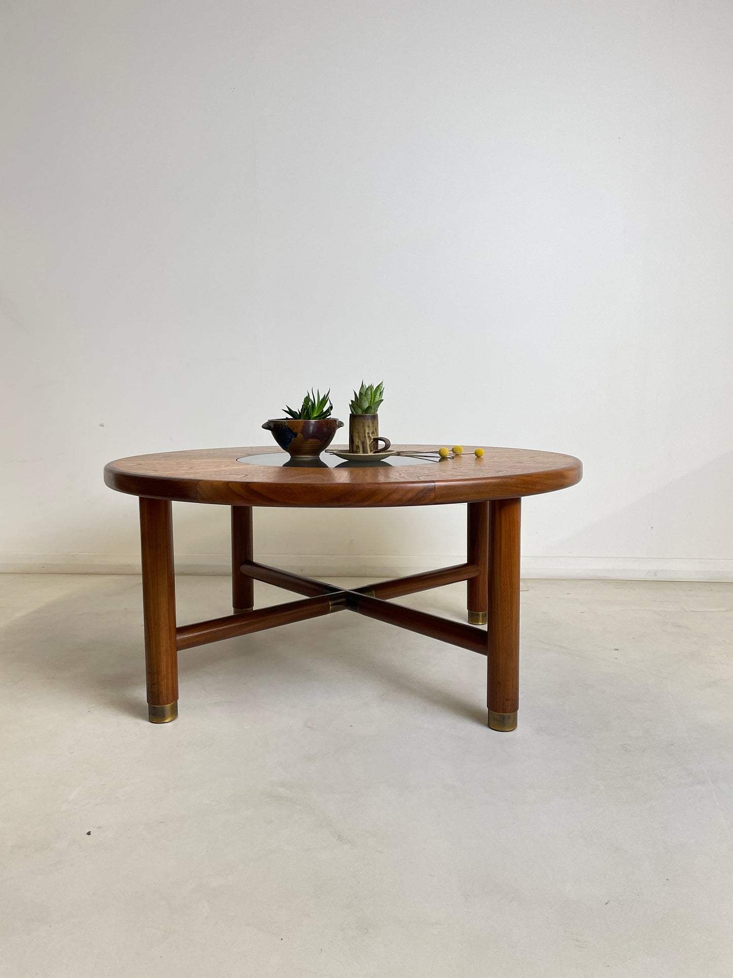 GPLAN SUNBURST ROUND TEAK AND GLASS COFFEE TABLE