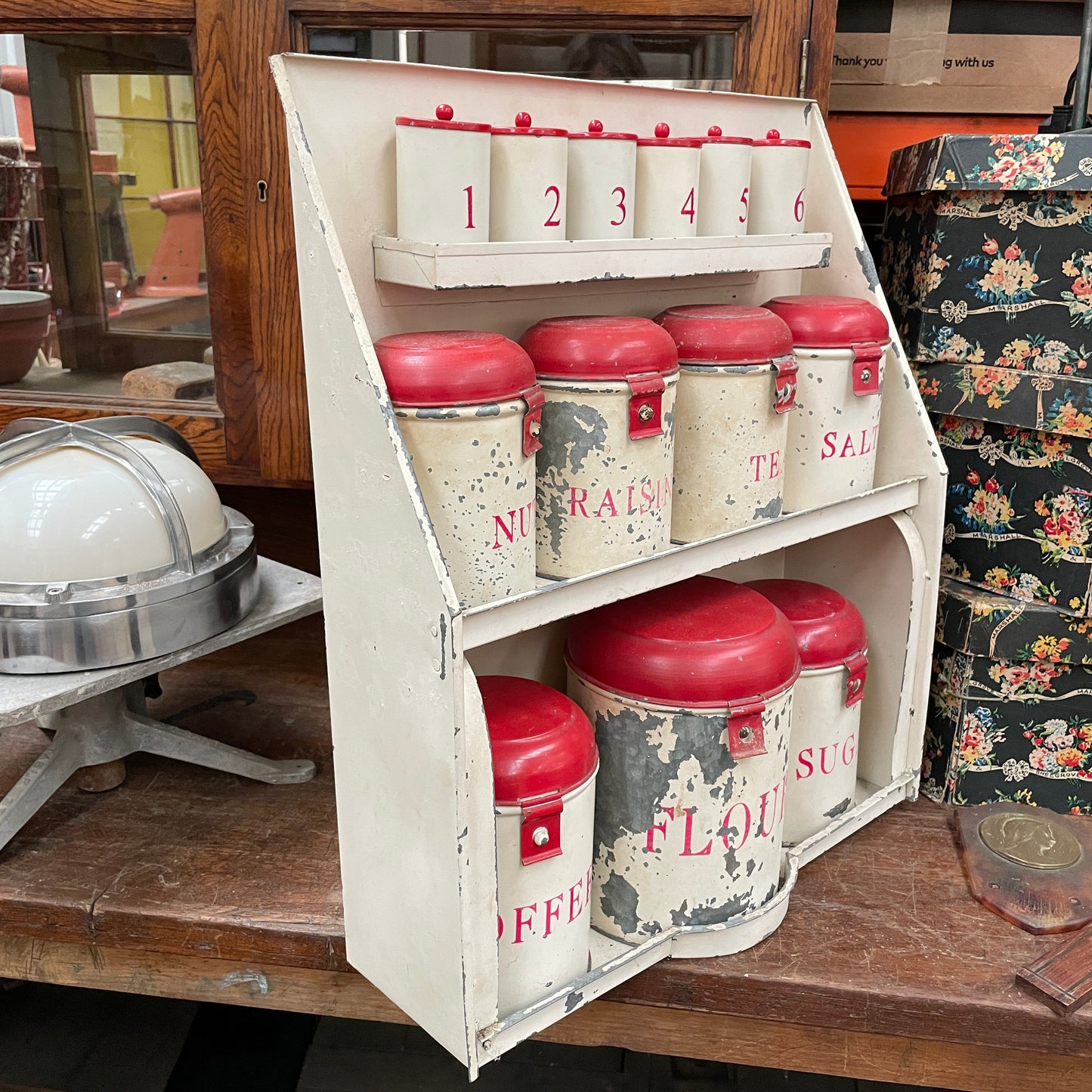 VINTAGE CREAM & RED ENAMEL CANNISTERS AND SHELF
