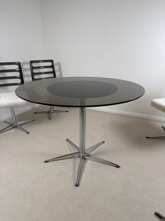 1970s RETRO GLASS TABLE & SWIVEL CHAIRS