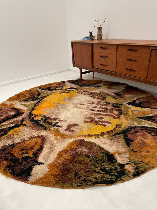SEVENTIES ROUND SHAGGY RYA RUG - 244cm MUTED AUTUMN COLOURS