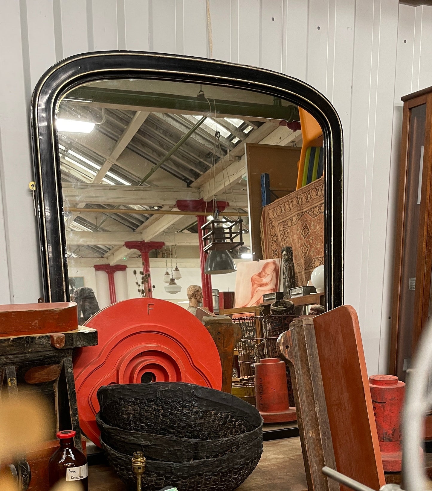 ANTIQUE BLACK EBONISED OVERMANTEL WALL MIRROR