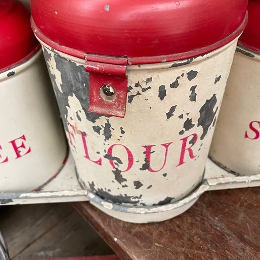 VINTAGE CREAM & RED ENAMEL CANNISTERS AND SHELF