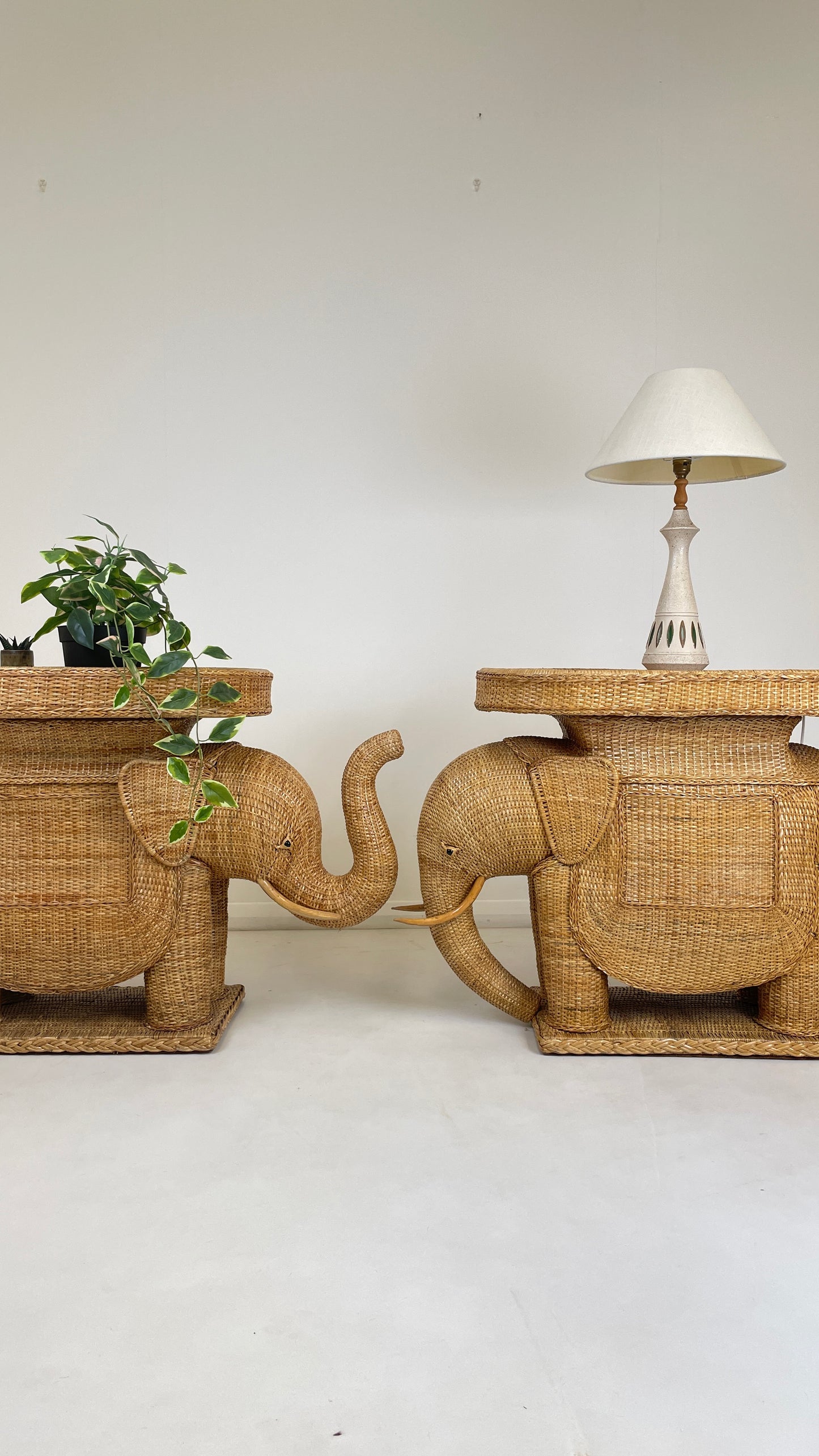 VINTAGE ELEPHANT WICKER SIDE TABLES X 2