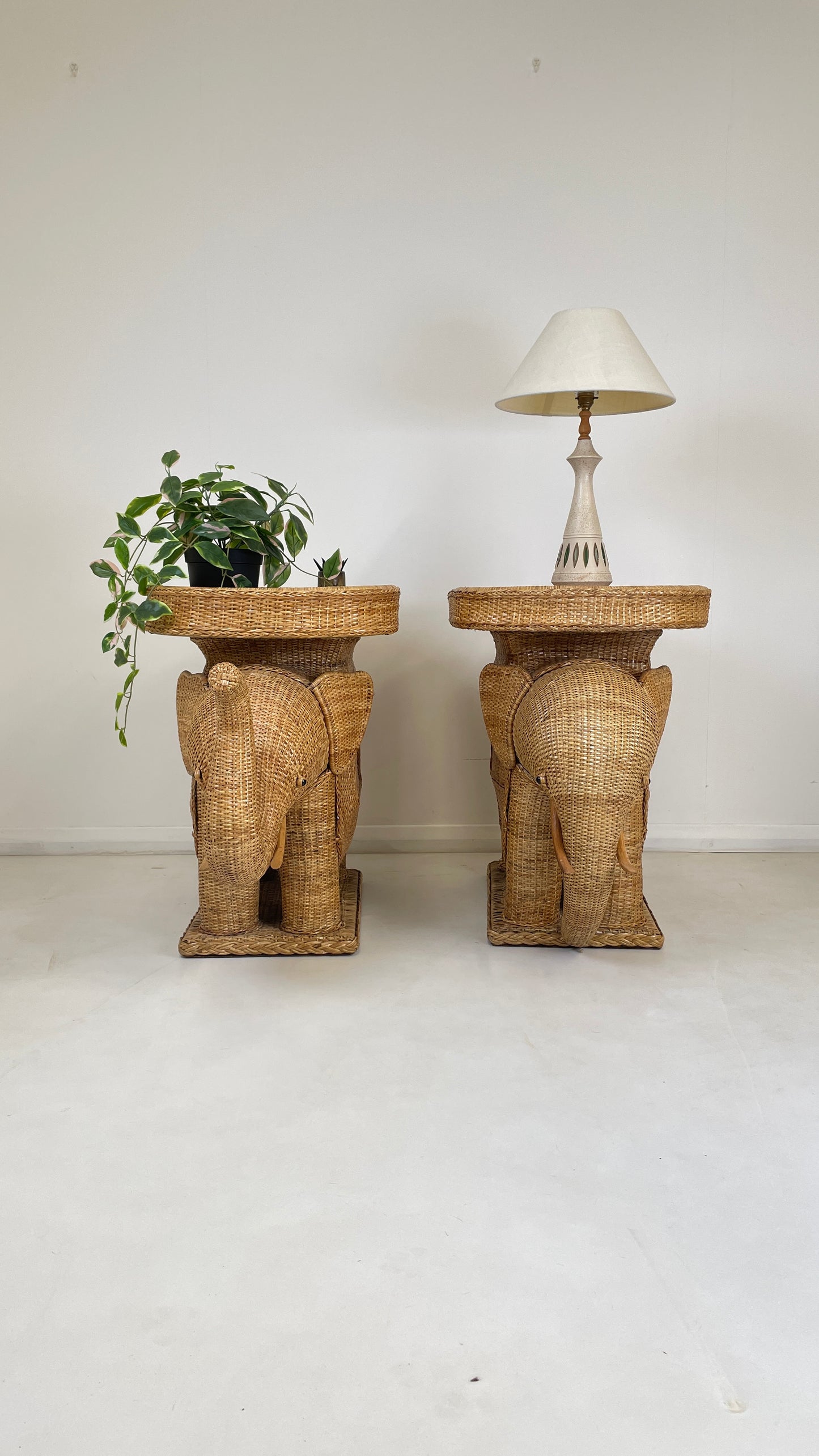 VINTAGE ELEPHANT WICKER SIDE TABLES X 2