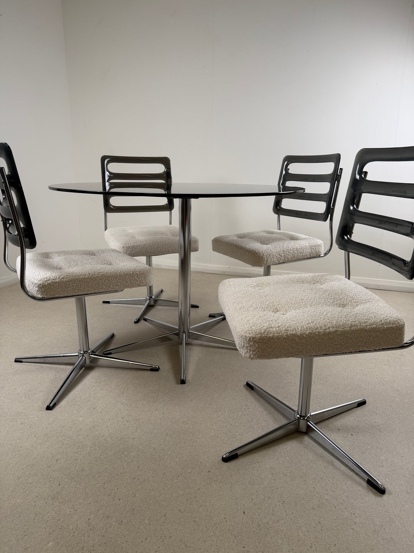 1970s RETRO GLASS TABLE & SWIVEL CHAIRS