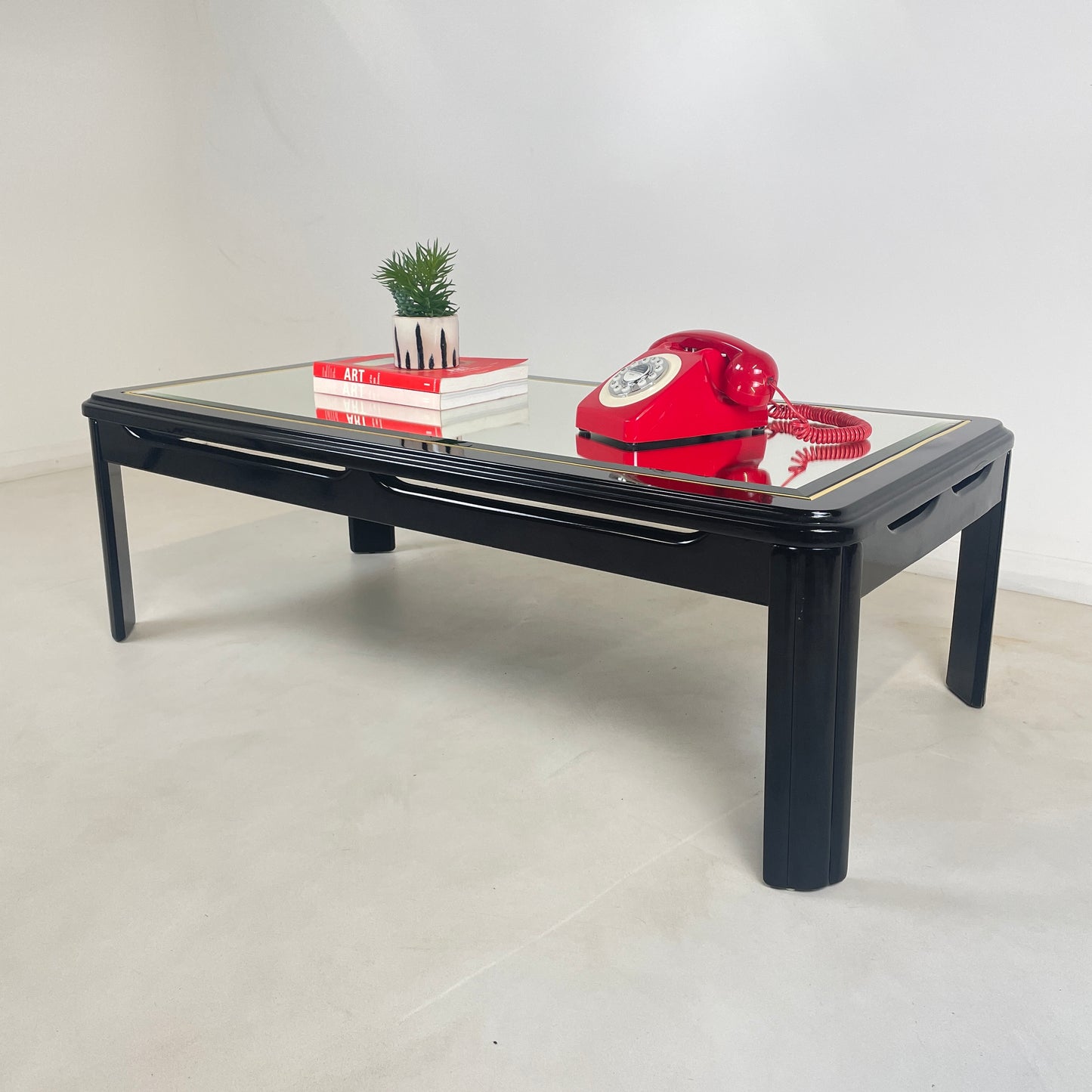 1980s MIRRORED BLACK LAQUERED COFFEE TABLE