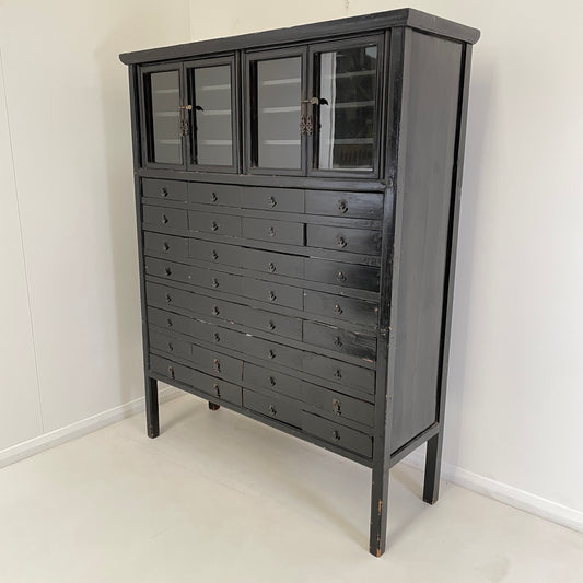 EBONISED CHINESE APOTHECARY CABINET WITH GLAZED DOORS