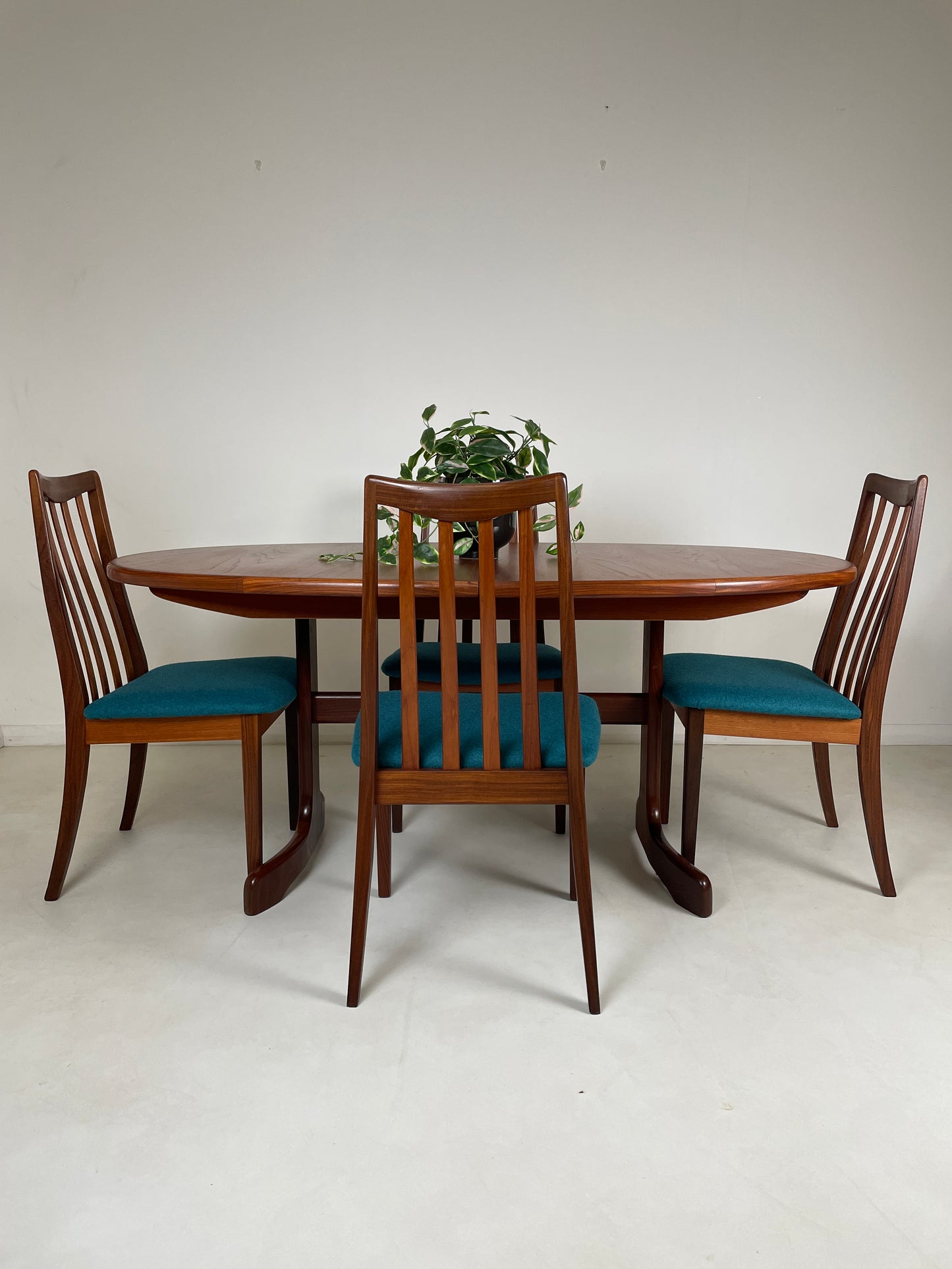 the table and 4 matching chairs is in a white walled room with white floor. Each chair has been upholstered with a deep teal cushioned fabric, the chairs have 4 inner spines to support the back and each curve beautifully. The table has two sturdy legs either end and has a potted plant on top