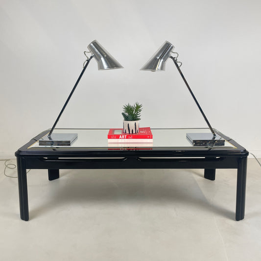 the pair of 2 matching Silver Desk lamps of a vintage glass top coffee table, the lamps are facing each other to they're identical and have two art books in the middle of the lamps with a potted plant above the books.