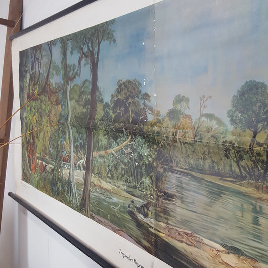 LARGE VINTAGE CLASSROOM WALL HANGING OF THE TROPICAL RAINFOREST CONGO