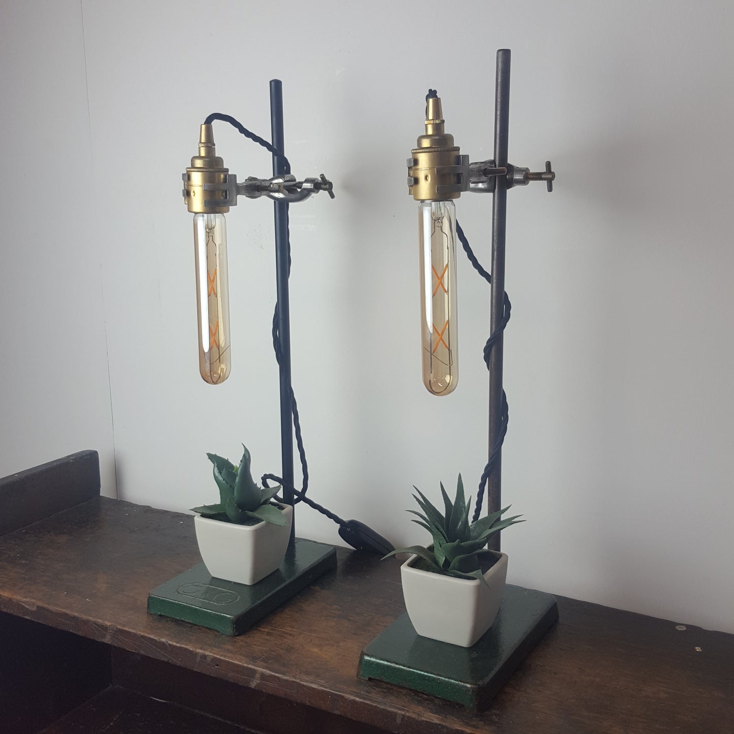 VINTAGE REPURPOSED RETORT STAND LAMPS SET OF 2