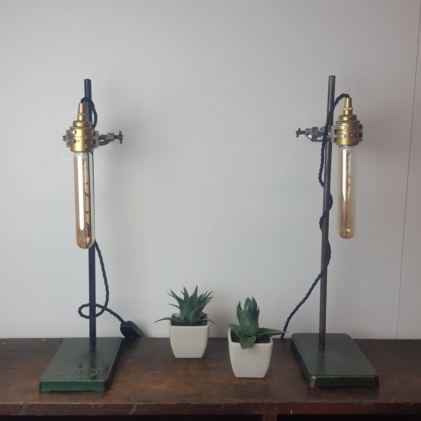 VINTAGE REPURPOSED RETORT STAND LAMPS SET OF 2