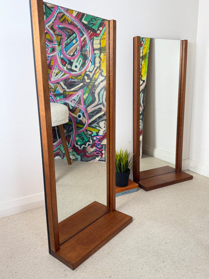 PAIR OF VINTAGE OBLONG TEAK WALL MIRRORS WITH SHELF