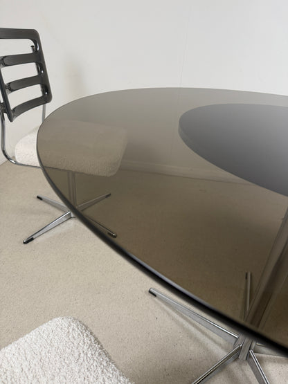 1970s RETRO GLASS TABLE & SWIVEL CHAIRS