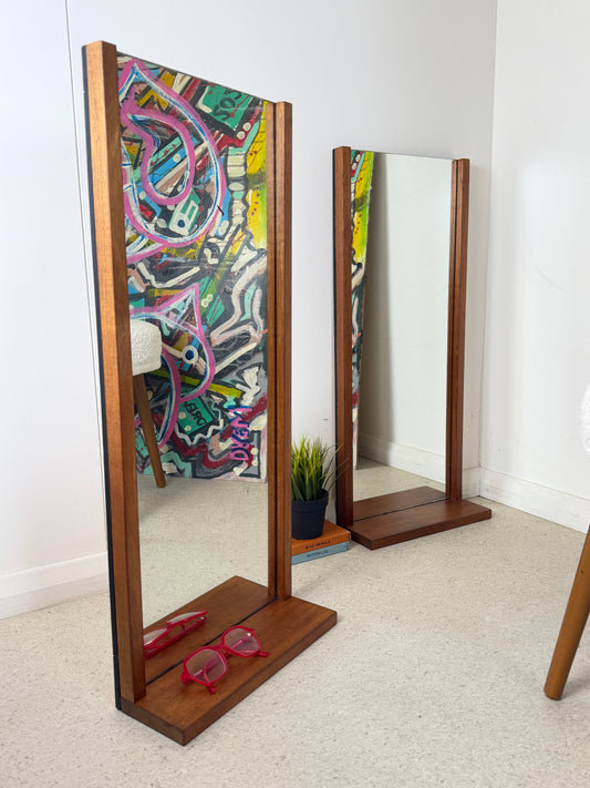 PAIR OF VINTAGE OBLONG TEAK WALL MIRRORS WITH SHELF