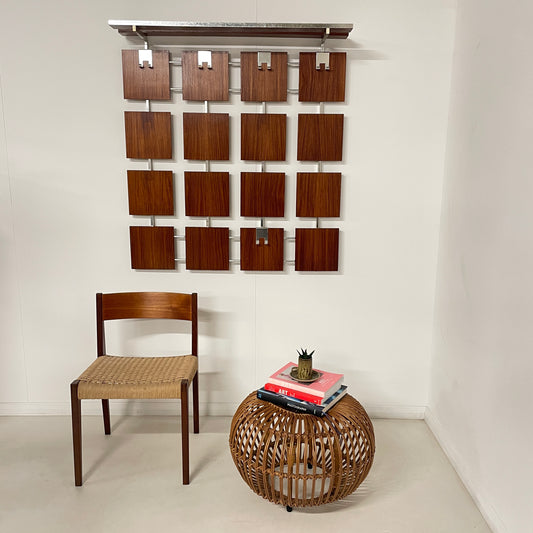 VINTAGE TEAK & CHROME WALL MOUNTED COAT RACK