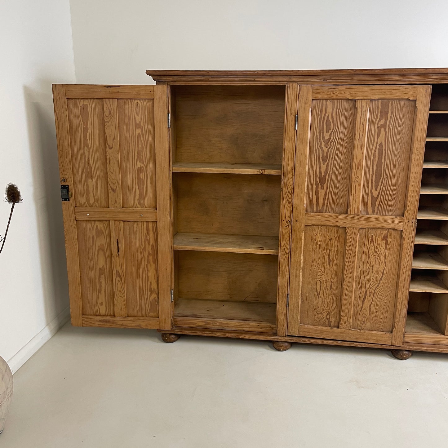 LARGE ANTIQUE PINE THREE DOOR KITCHEN/HALL CABINET