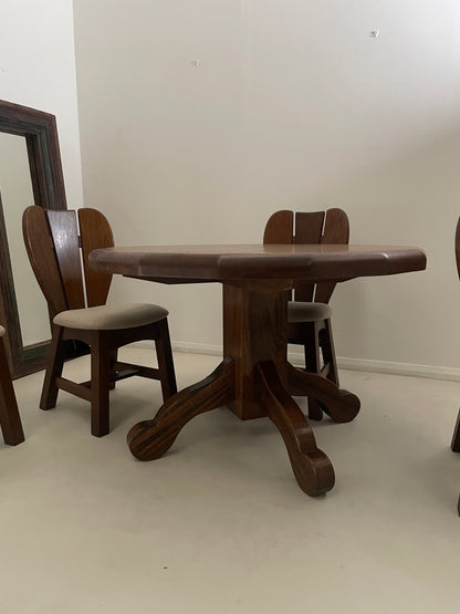 BRUTALIST 1970s BELGIUM OAK DINING TABLE & 4 CHAIRS