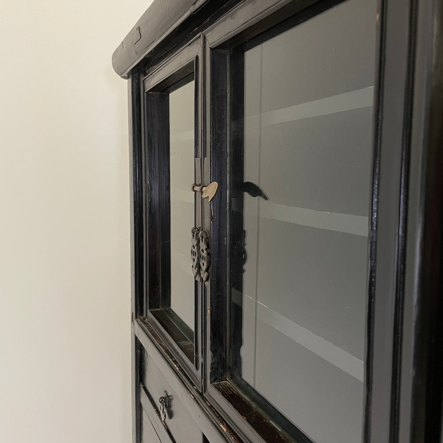 EBONISED CHINESE APOTHECARY CABINET WITH GLAZED DOORS
