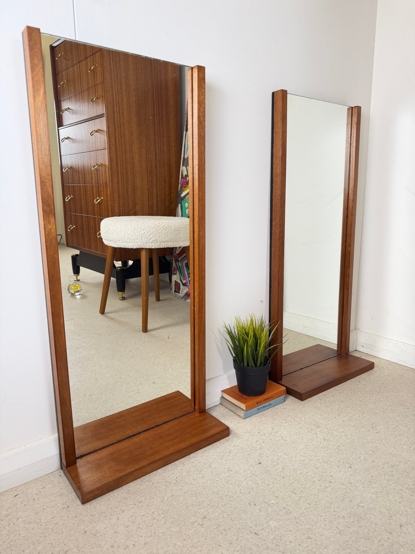 PAIR OF VINTAGE OBLONG TEAK WALL MIRRORS WITH SHELF