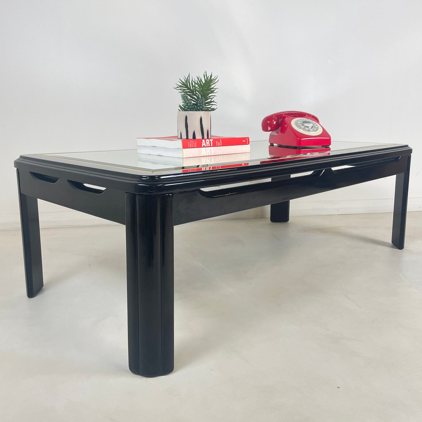 1980s MIRRORED BLACK LAQUERED COFFEE TABLE
