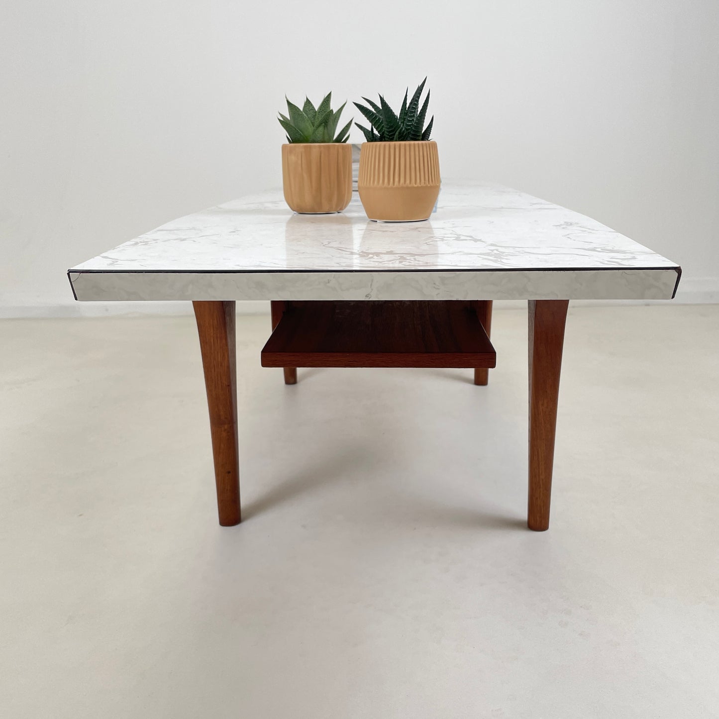 VINTAGE TEAK AND MARBLE EFFECT FORMICA COFFEE TABLE