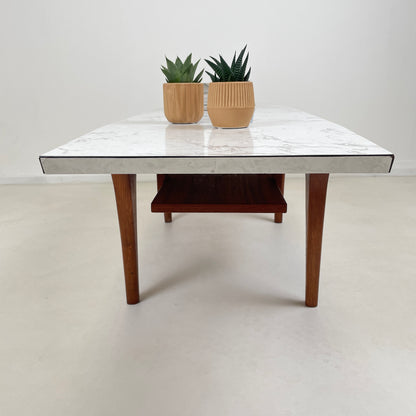 VINTAGE TEAK AND MARBLE EFFECT FORMICA COFFEE TABLE