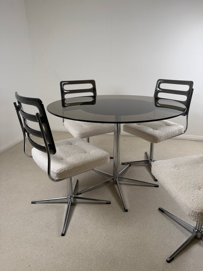 1970s RETRO GLASS TABLE & SWIVEL CHAIRS