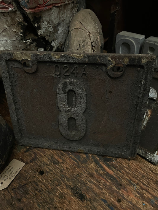 ORIGINAL CAST IRON MACHINE DOOR NUMBER PLAQUE No 8