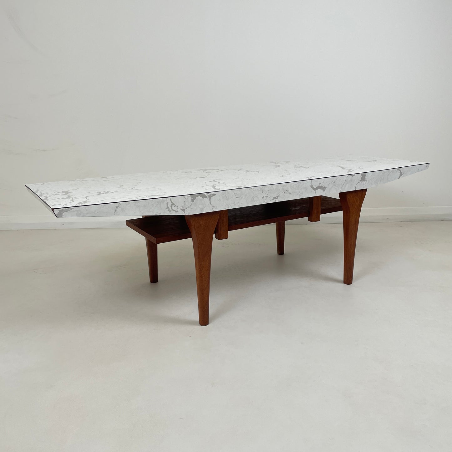 VINTAGE TEAK AND MARBLE EFFECT FORMICA COFFEE TABLE