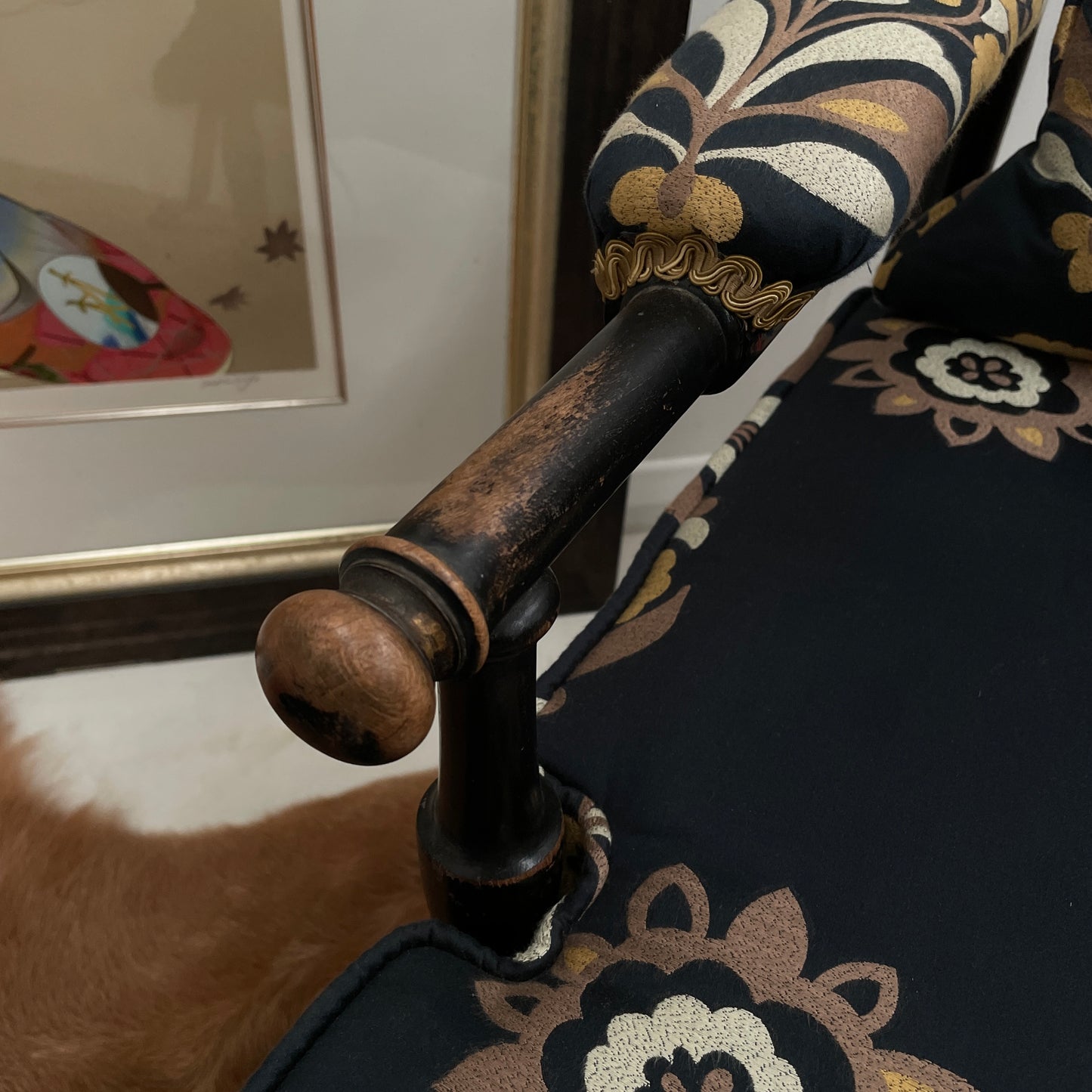 ANTIQUE BLACK EBONISED LIBRARY CHAIR ON CASTORS