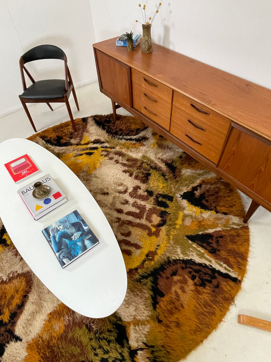 SEVENTIES ROUND SHAGGY RYA RUG - 244cm MUTED AUTUMN COLOURS