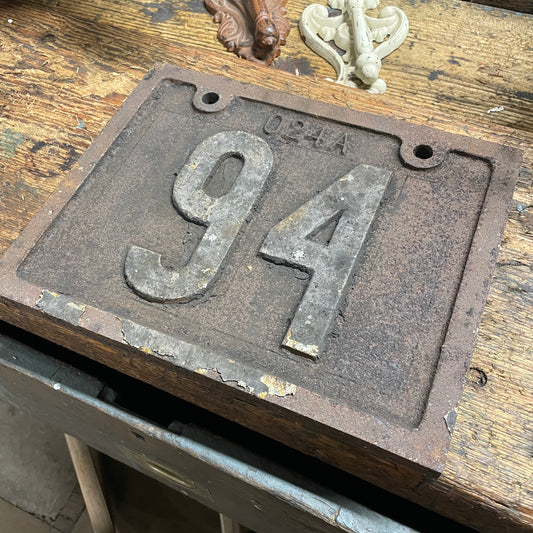 ORIGINAL CAST IRON MACHINE DOOR NUMBER PLAQUE No 94