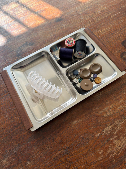 VINTAGE STAINLESS STEEL & WOOD SERVING TRAY