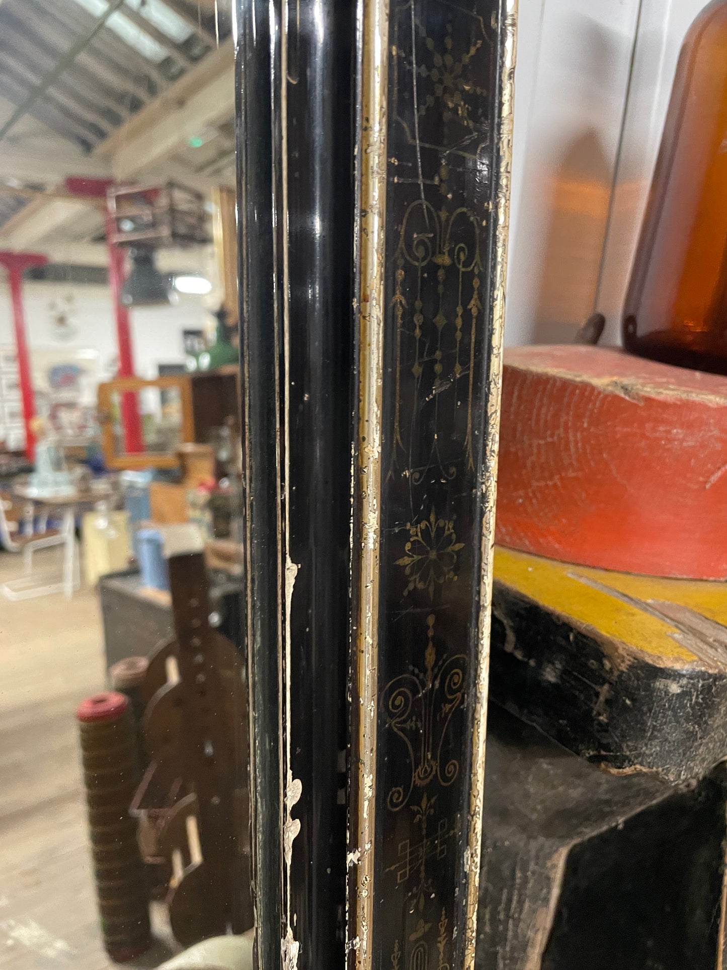 ANTIQUE BLACK EBONISED OVERMANTEL WALL MIRROR