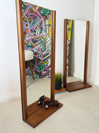PAIR OF VINTAGE OBLONG TEAK WALL MIRRORS WITH SHELF