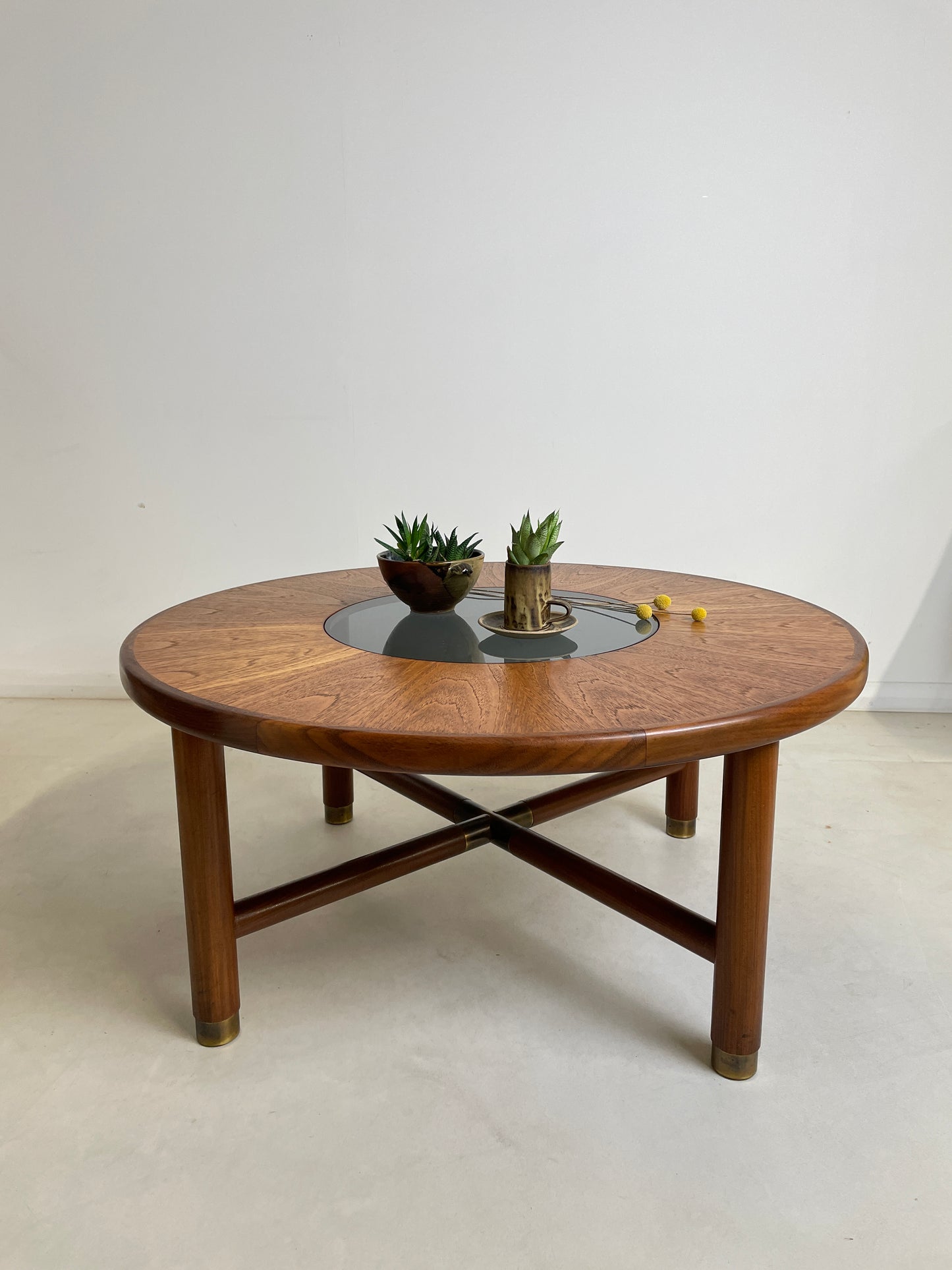 GPLAN SUNBURST ROUND TEAK AND GLASS COFFEE TABLE