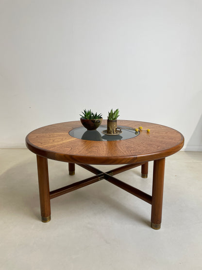 GPLAN SUNBURST ROUND TEAK AND GLASS COFFEE TABLE