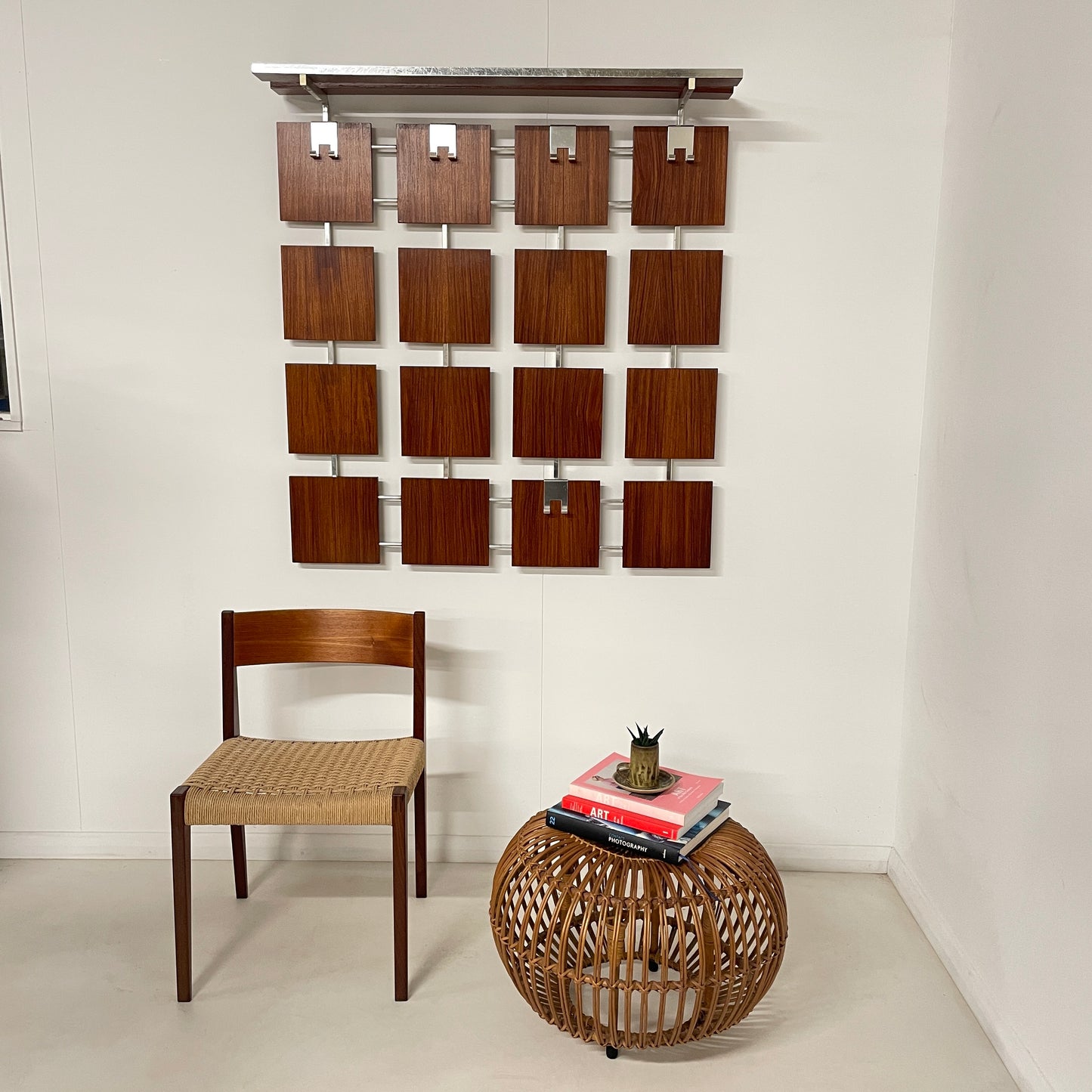 VINTAGE TEAK & CHROME WALL MOUNTED COAT RACK
