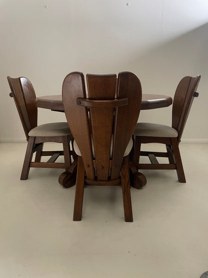 BRUTALIST 1970s BELGIUM OAK DINING TABLE & 4 CHAIRS