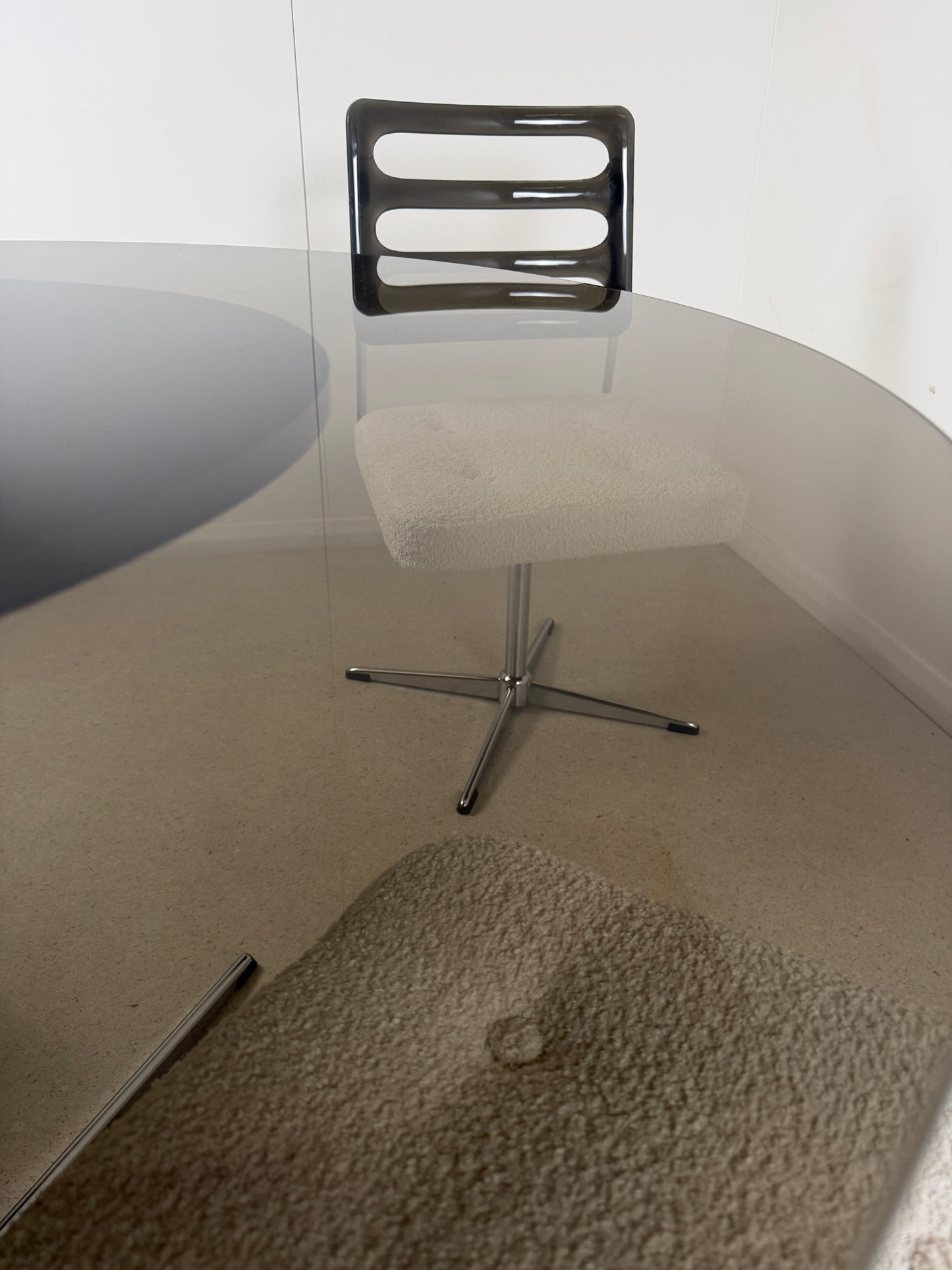 1970s RETRO GLASS TABLE & SWIVEL CHAIRS