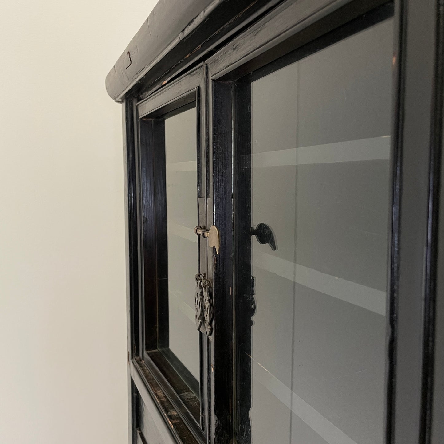 EBONISED CHINESE APOTHECARY CABINET WITH GLAZED DOORS