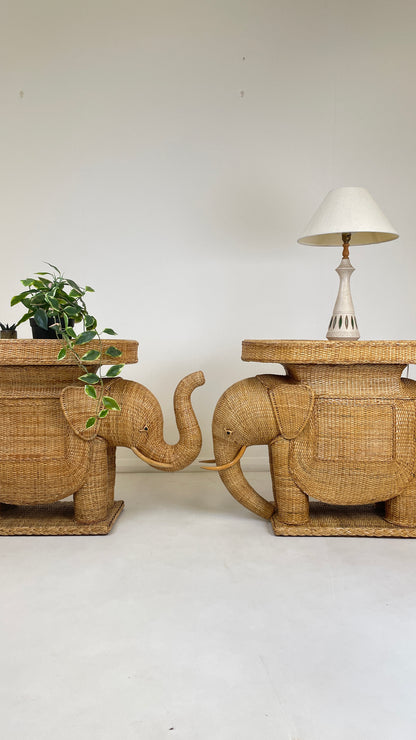VINTAGE ELEPHANT WICKER SIDE TABLES X 2