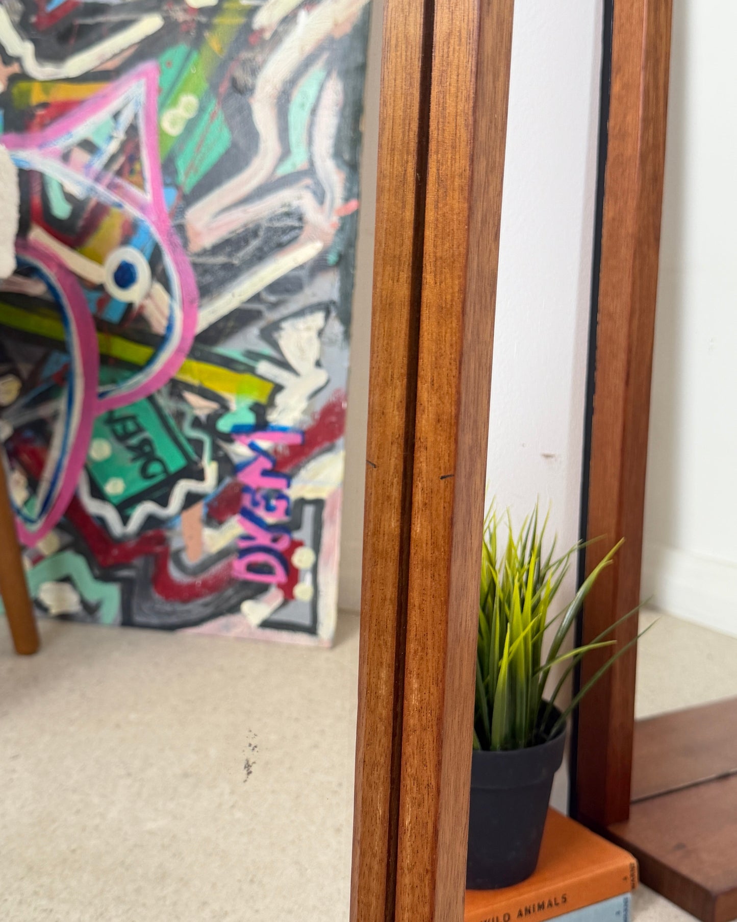 PAIR OF VINTAGE OBLONG TEAK WALL MIRRORS WITH SHELF