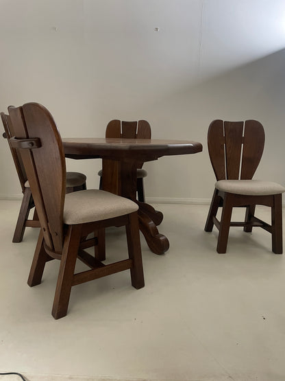 BRUTALIST 1970s BELGIUM OAK DINING TABLE & 4 CHAIRS