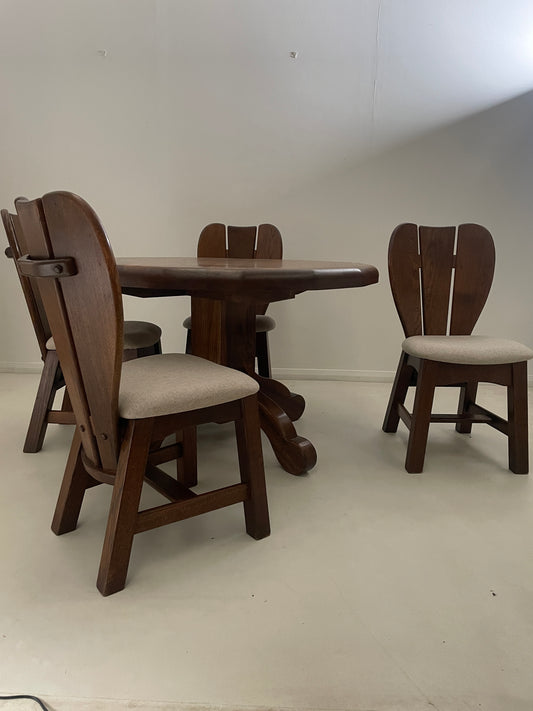 BRUTALIST 1970s BELGIUM OAK DINING TABLE & 4 CHAIRS