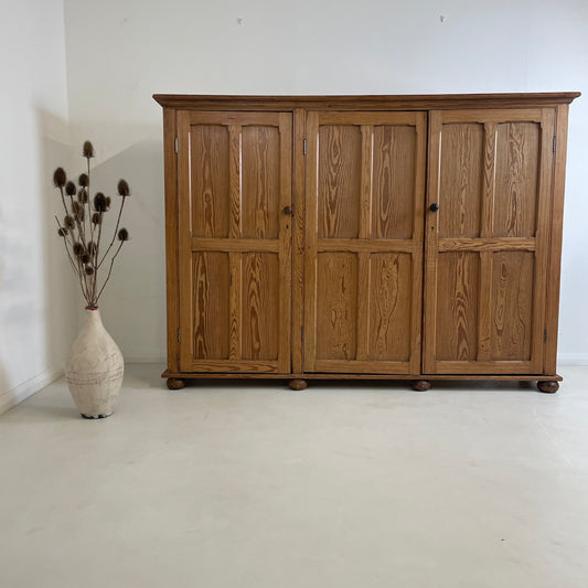 LARGE ANTIQUE PINE THREE DOOR KITCHEN/HALL CABINET